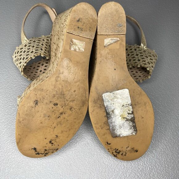 TORY BURCH Sandals Perforated Leather Wedge Platform Cork Heel Womens 6 Gold - Picture 9 of 9